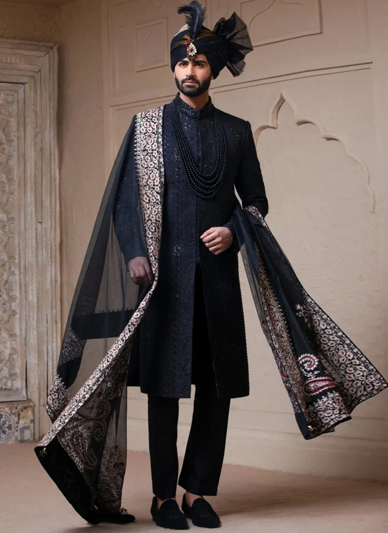 Black-Sherwani-with-Black-Shawl-and-Turban.webp Black Sherwani with Black Shawl and Turban