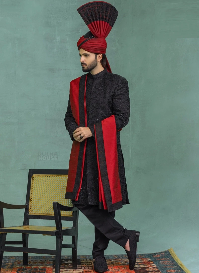Black-Sherwani-with-Red-Shawl-and-Turban.webp Black Sherwani with Red Shawl and Turban