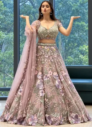 Dusty mauve 3D floral lehenga choli with deep-V net blouse, embellished belt and organza dupatta