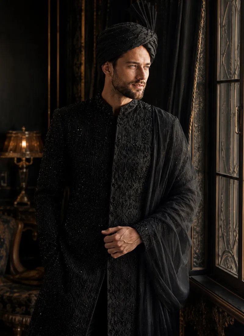 black-sherwani-with-black-shawl-turban-groom-look.webp black sherwani with black shawl turban groom look