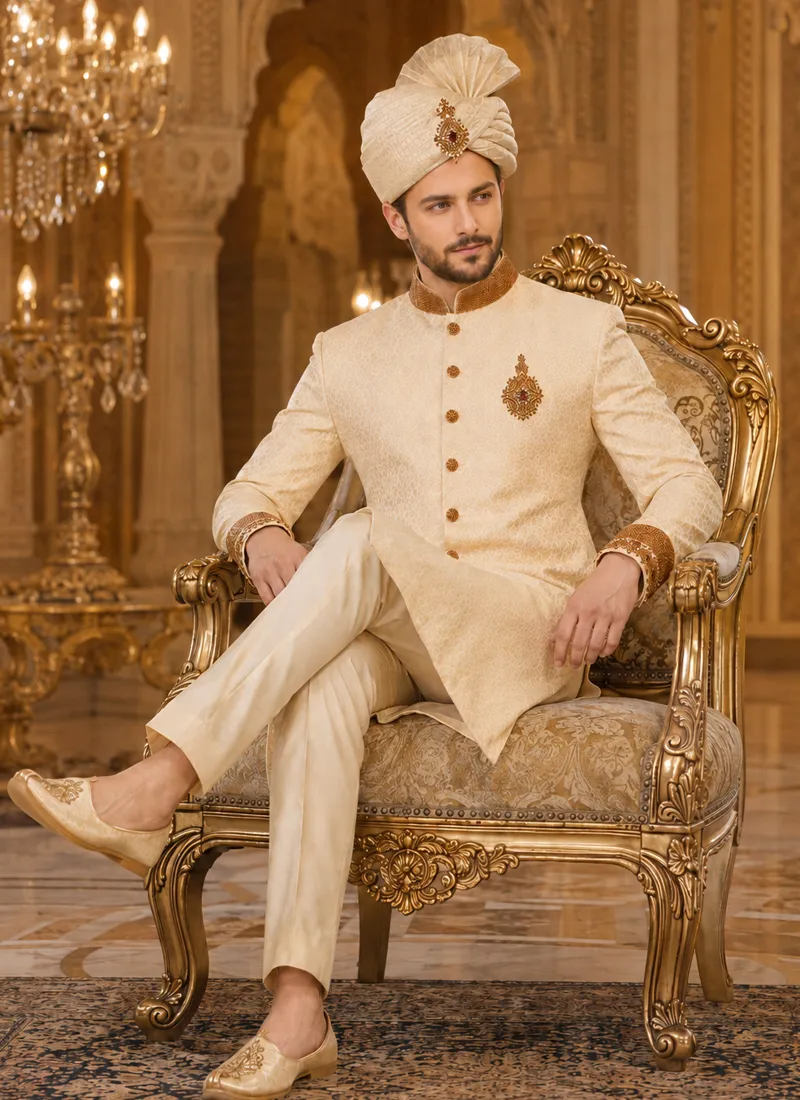 cream-sherwani-groom-gold-zari-turban-seated.webp cream sherwani groom gold zari turban seated