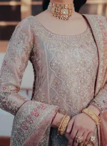 dusty pink nikkah farshi gharara with long floral trail 02 Dusty Pink Nikkah Farshi Gharara with Long Floral Trail Video