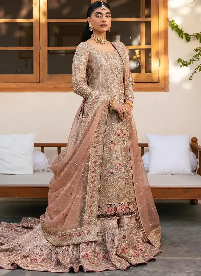 Dusty Pink Nikkah Farshi Gharara with Long Floral Trail Dusty pink farshi gharara full front view with long embroidered shirt and sweeping floral hem