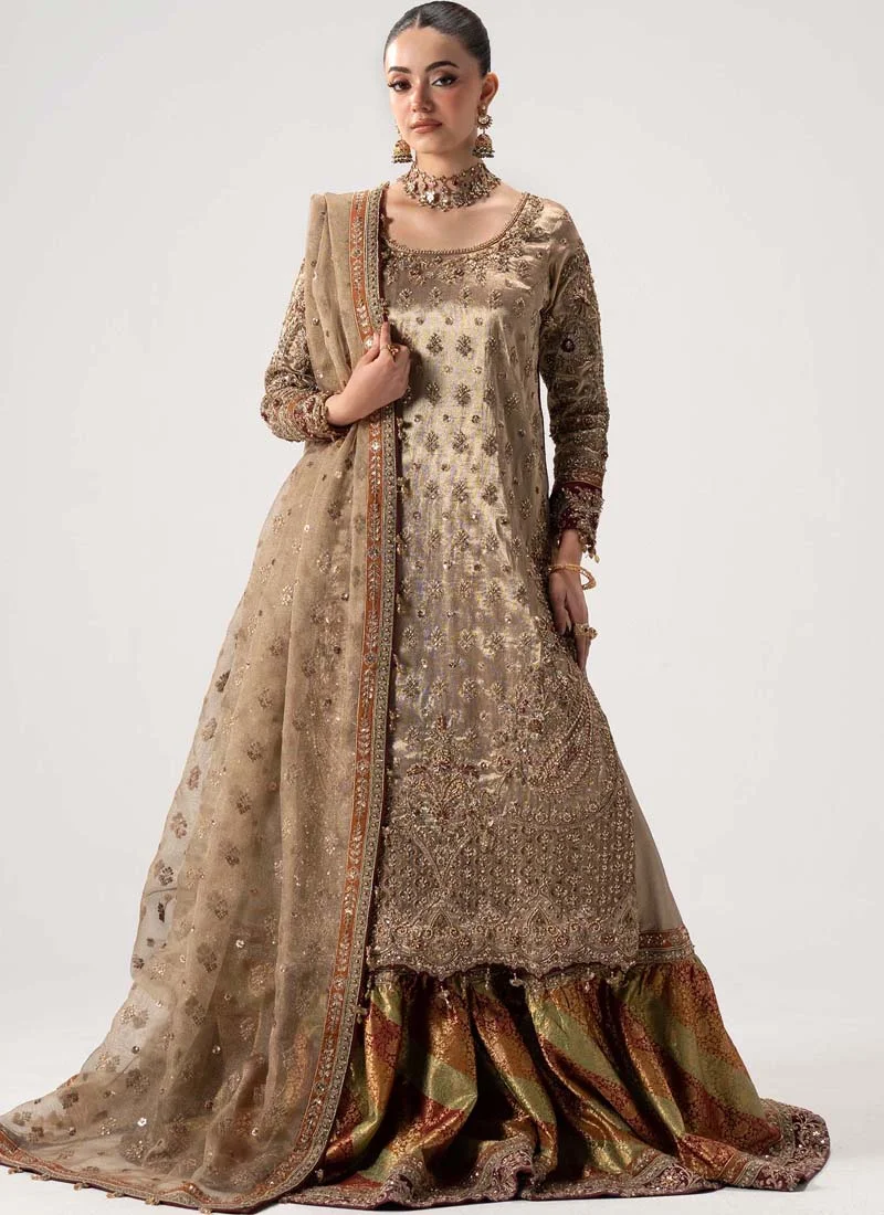 Gold Mehndi Gharara Suit with Multicolour Chatta Patti Antique gold gharara suit back view with oval keyhole neckline and sheer floral dupatta