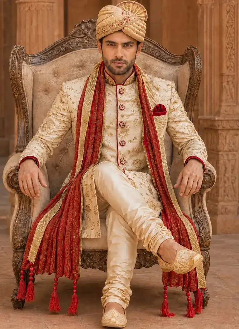 ivory-groom-sherwani-red-shawl-seated-look-1.webp ivory groom sherwani red shawl seated look 1