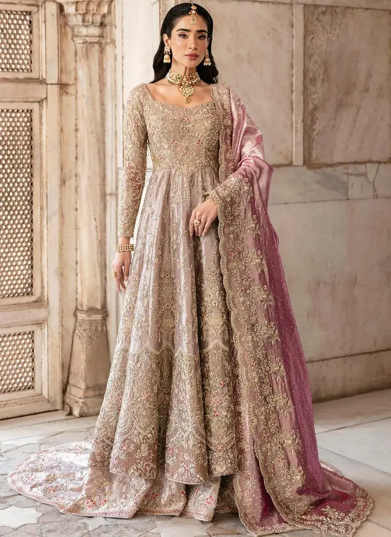 Lilac Walima Farshi Lehenga with Scalloped Floral Dupatta Border Lilac walima farshi lehenga front view with embroidered long frock and scalloped floral dupatta border
