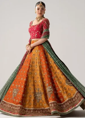 Orange and pink Mehndi lehenga choli front view with scoop neckline, gold floral embroidery and green dupatta