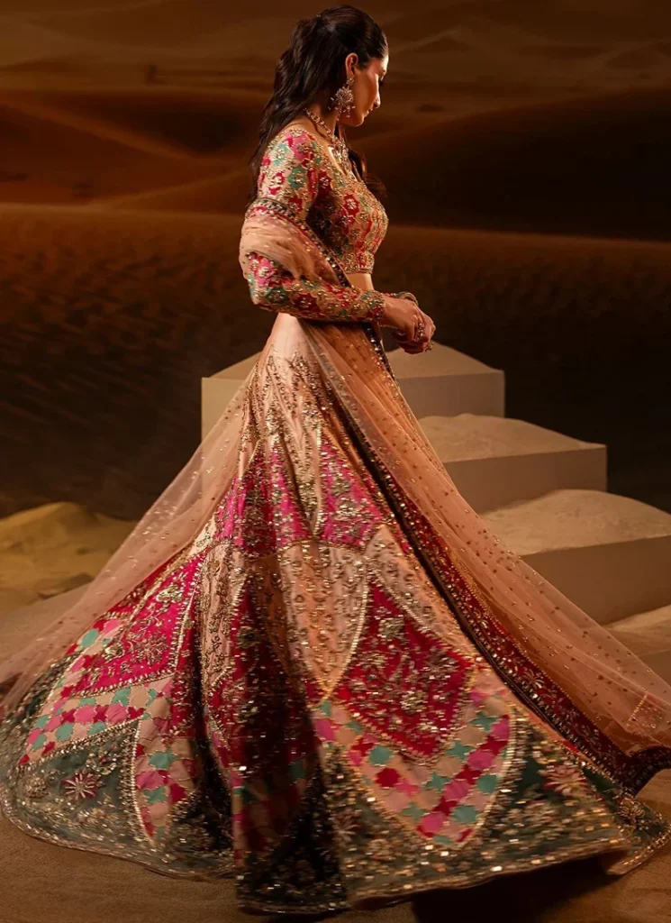 peach baraat lehenga choli with chevron floral panels 05 Peach Baraat Lehenga Choli with Chevron Floral Panels Video