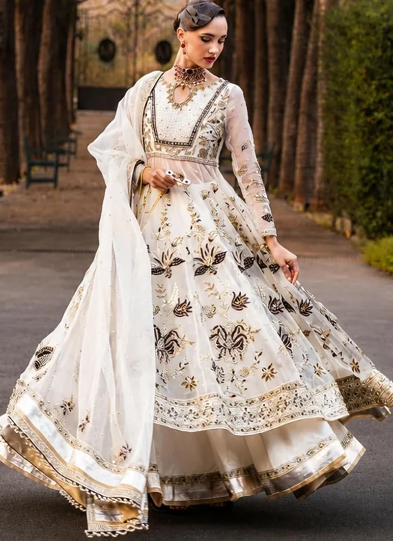 white walima long peshwas with lehenga with black velvet florals 02 White Walima Long Peshwas with Lehenga with Black Velvet Florals Video